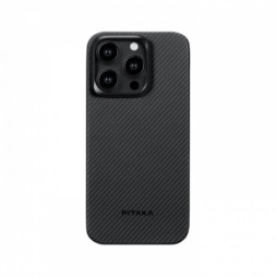 Чехол для iPhone 15 Pro Max Pitaka MagEZ Case 4 узкое плетение кевлар (черно-серый)